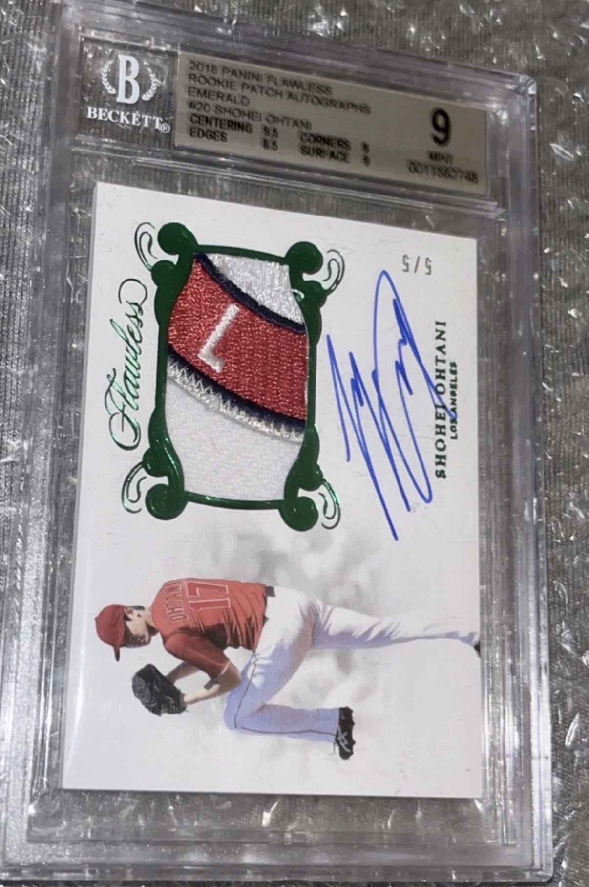 Shohei Ohtani 2018 Panini Flawless Emerald rookie patch autograph, numbered 5/5, graded Beckett 9 Mint